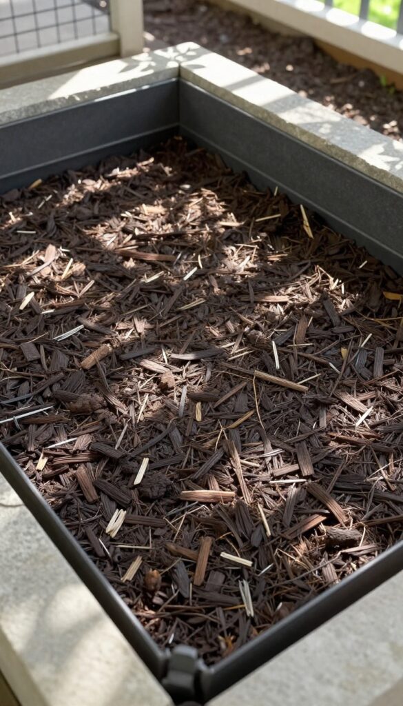 Chain link dog kennel with mulch base and edging