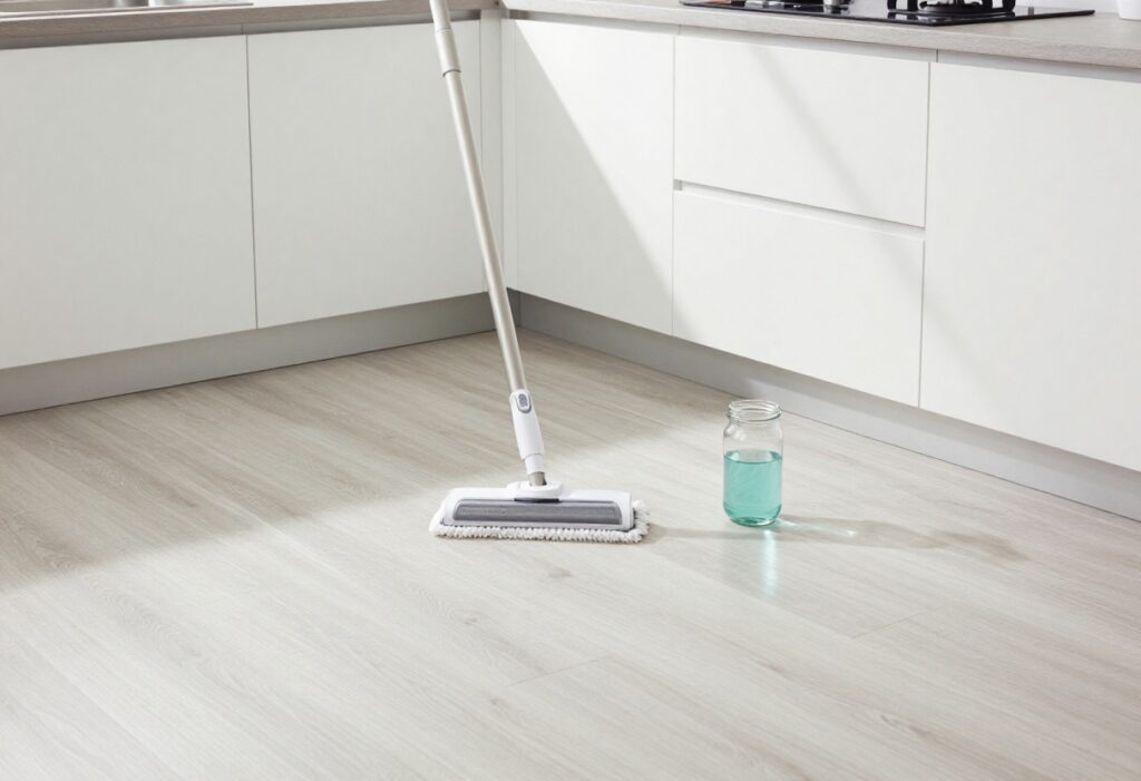 Tineco floor washer cleaning a kitchen floor with a DIY cleaning solution jar beside it.
