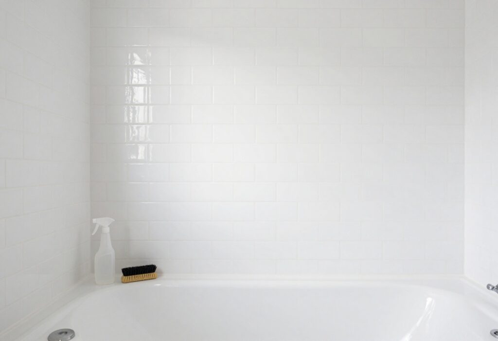 Clean bathroom tiles with fresh white grout lines and cleaning tools on bathtub edge