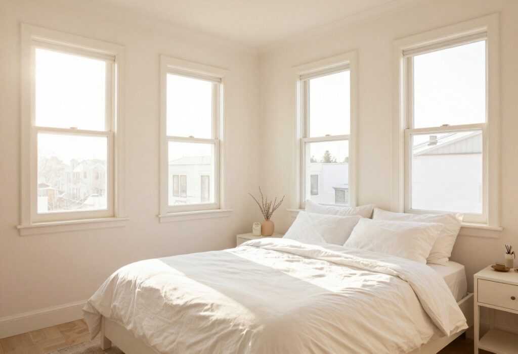 Clean and organized bedroom with made bed, sunlight, and tidy surfaces