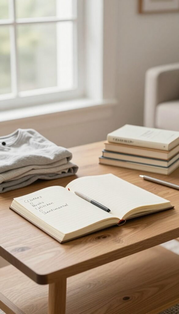 Declutter tracker with categories on a coffee table in a bright living room
