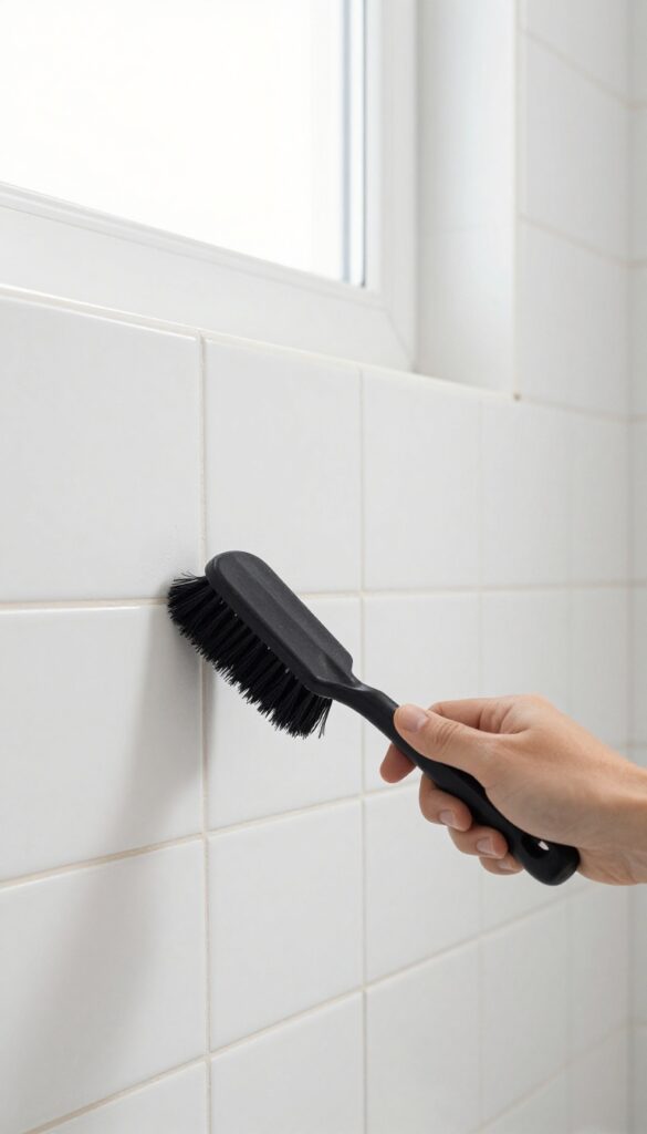 Person using extendable grout brush to clean shower tile grout while standing