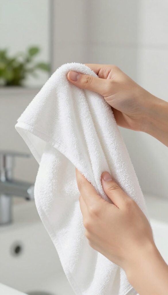 Hands being dried with a clean white towel in a bright bathroom