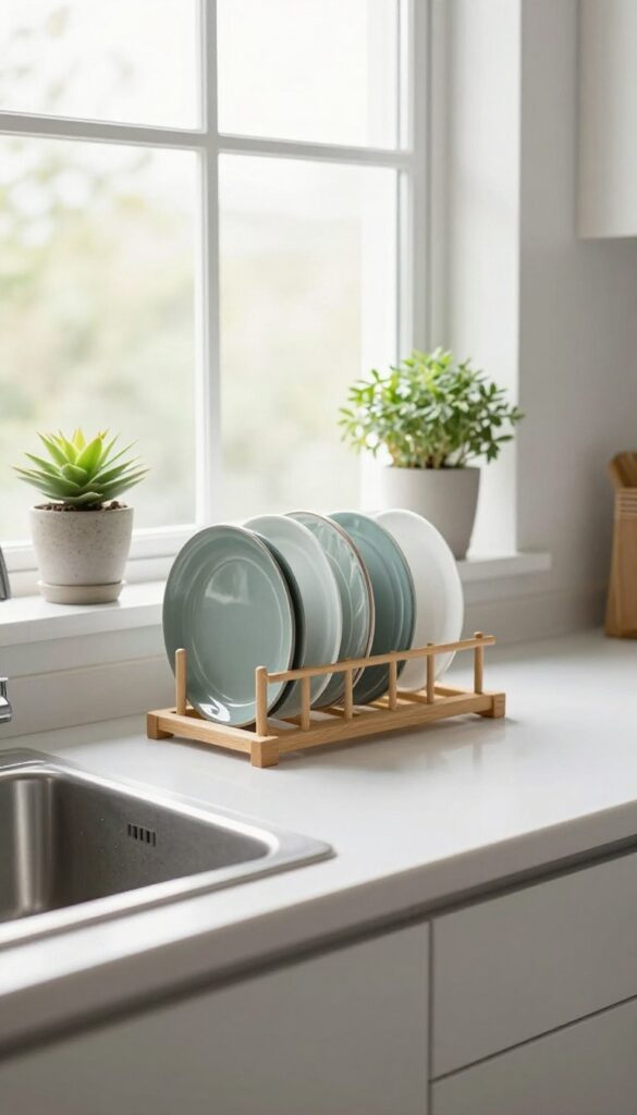 Clean kitchen sink with dishes drying on a rack, bright natural light