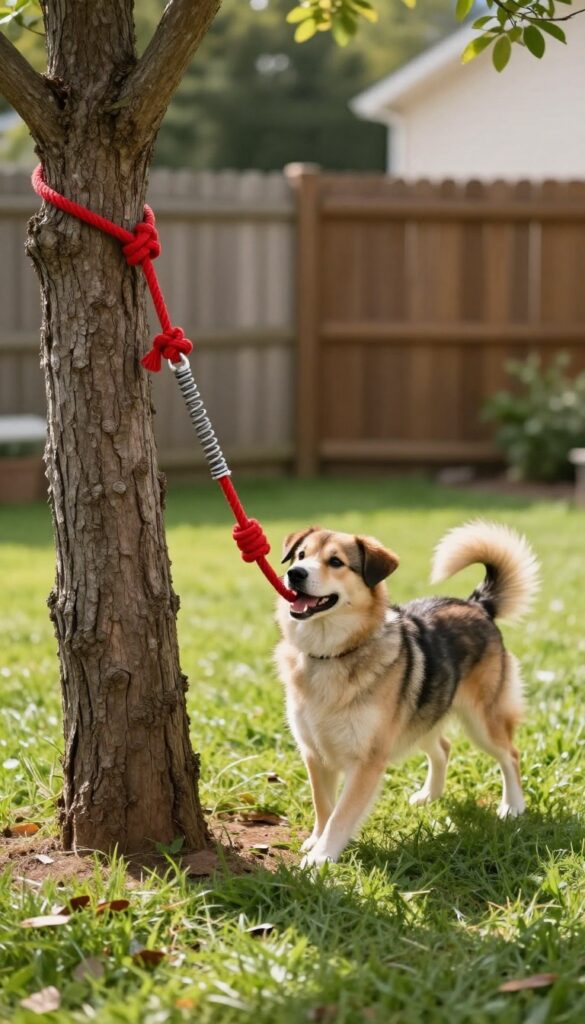 Dog playing with tether tug station attached to a tree in a sunny backyard