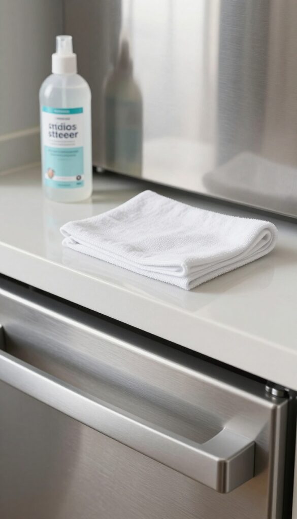 Cleaning stainless steel refrigerator with commercial cleaner and microfiber cloth