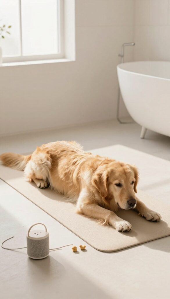 Calm dog grooming environment with mat, brush, treats, and soft lighting