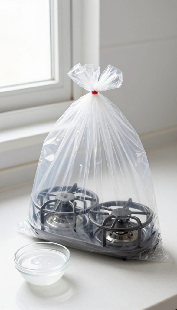 Stove grates in a sealed bag with a bowl of ammonia for overnight grease removal