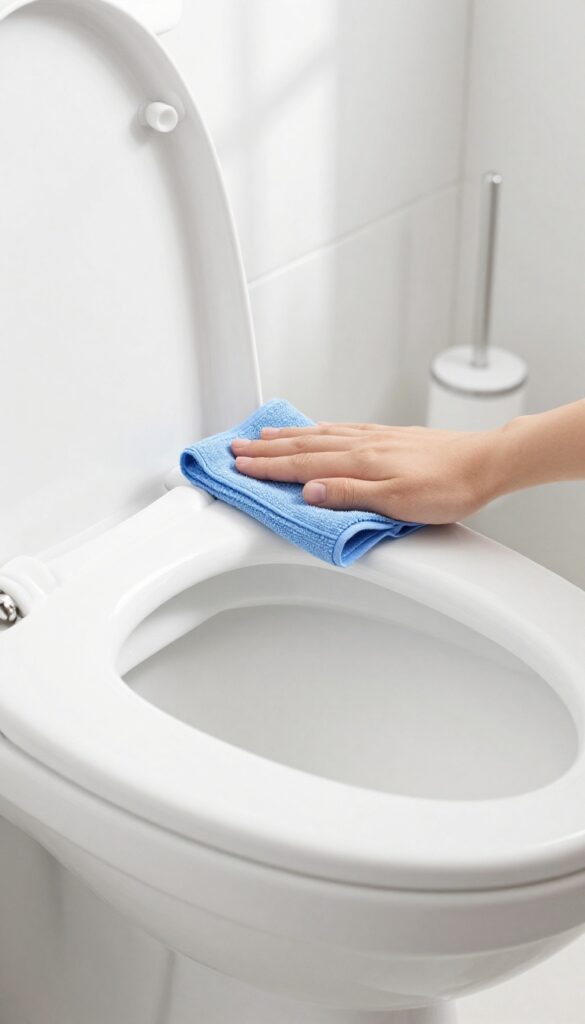Person wiping the exterior of a clean white toilet with a microfiber cloth in a bright bathroom