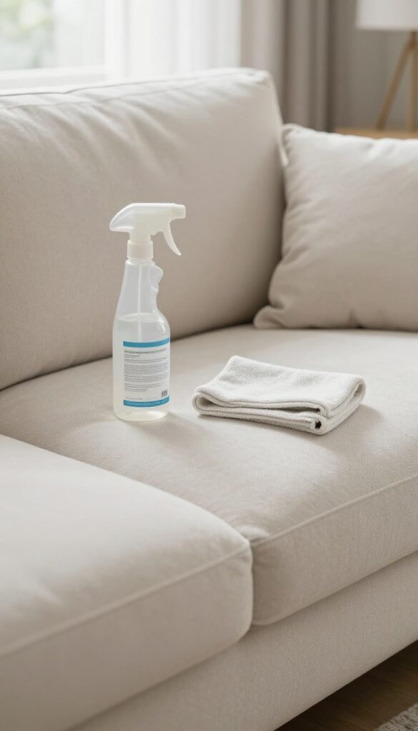 Upholstery spot cleaning with spray bottle and cloth on a clean sofa