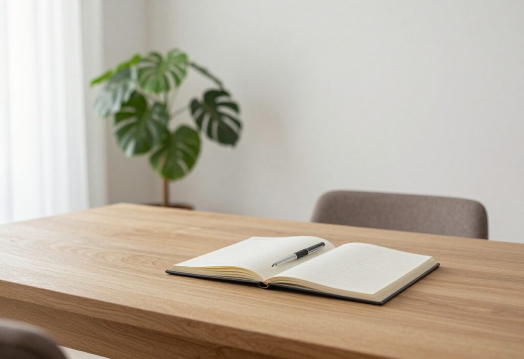 Open notebook with a cleaning checklist on a coffee table in a bright living room