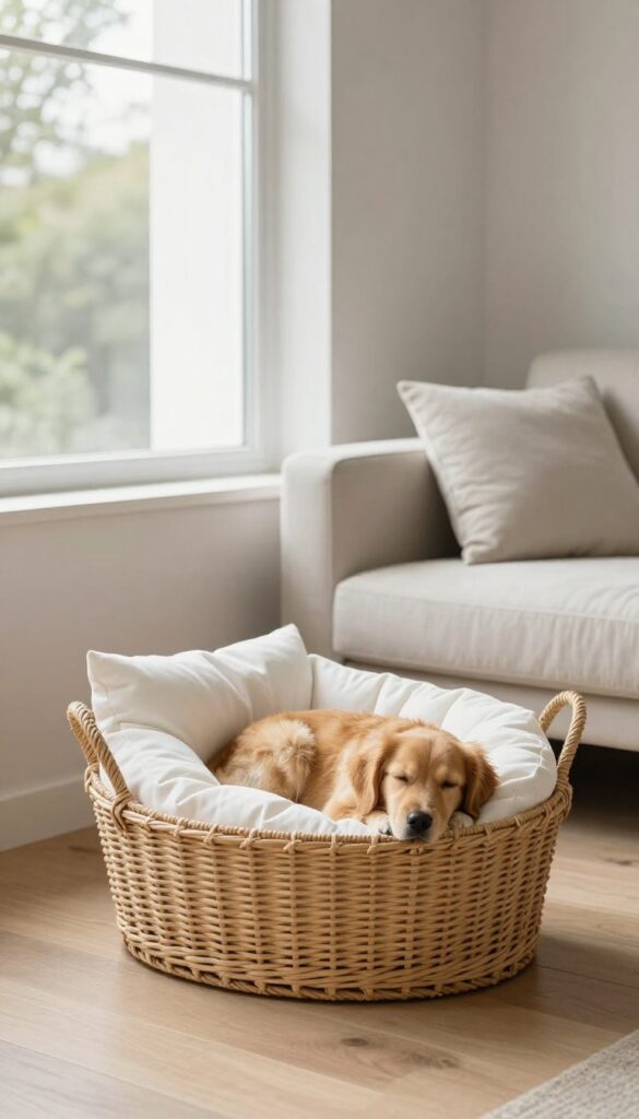 Modern urban living room with a wicker basket dog bed and plush insert, a golden retriever sleeping inside, natural light, boho coastal decor