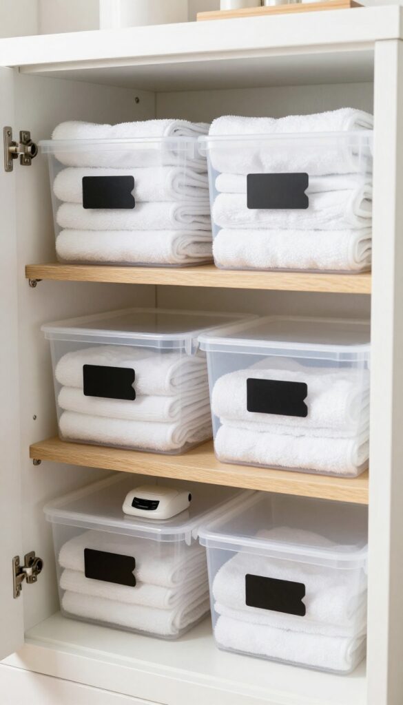 Neat cleaning cupboard with labeled bins and baskets on shelves, bright natural light
