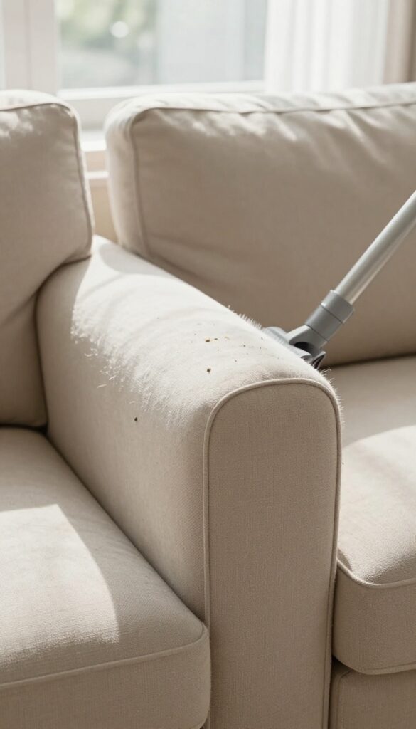 Vacuuming a fabric sofa with a soft brush attachment in a bright living room