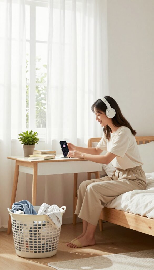 Young woman cleaning her room while listening to music on headphones, bright natural light, organized bedroom