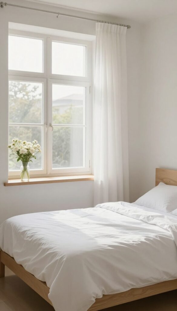 Clean bedroom window with fresh flowers on the sill, bright natural light, tidy bed