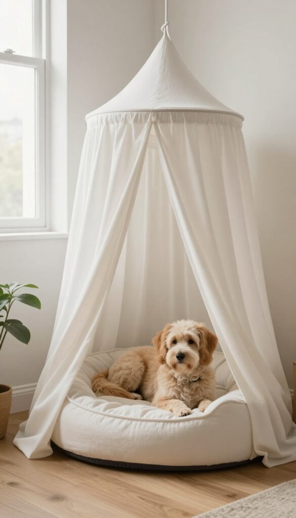 Repurposed crib canopy dog bed with fluffy dog sleeping inside, bright natural light, cozy bedroom setting
