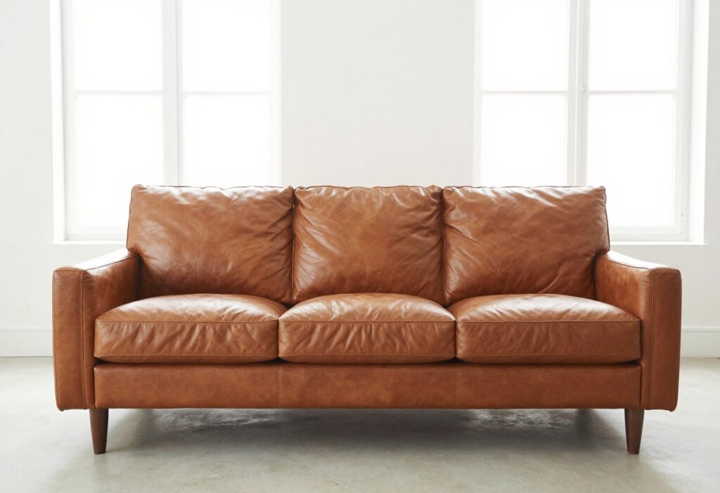 Clean leather couch in a bright living room