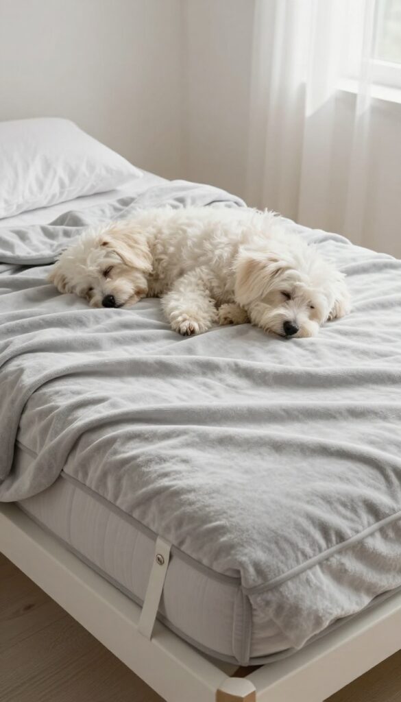 A white dog sleeping on a crib mattress wrapped in a gray fleece blanket, secured with elastic straps