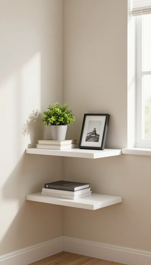 Clean bedroom corner with a white floating corner shelf displaying a plant, books, and a framed photo.