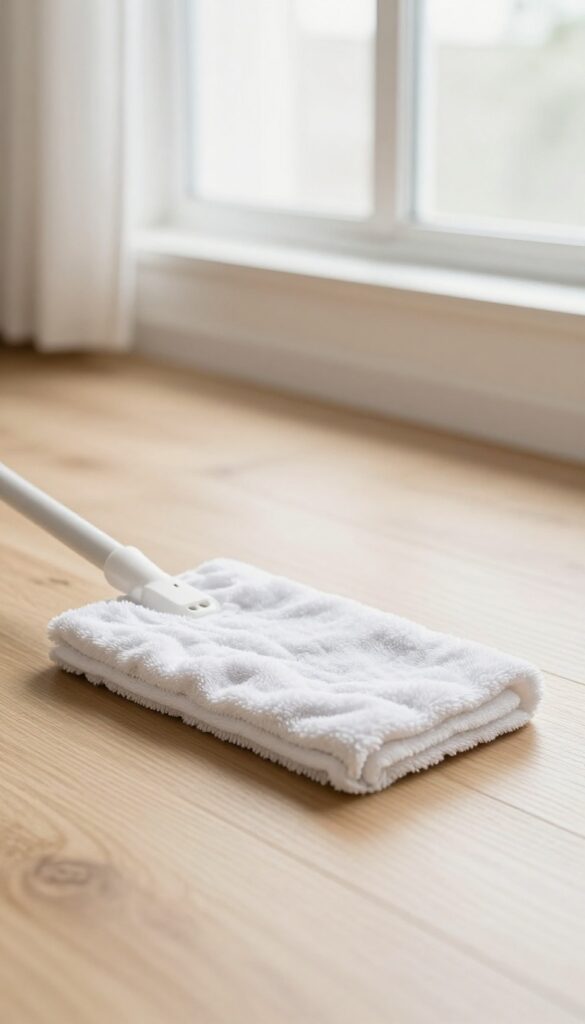 Castile soap floor cleaning solution with mop and essential oils on wooden floor