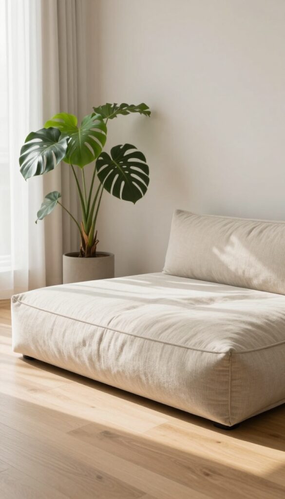 Modern dog bed with washable cover in a bright, minimalist urban living room