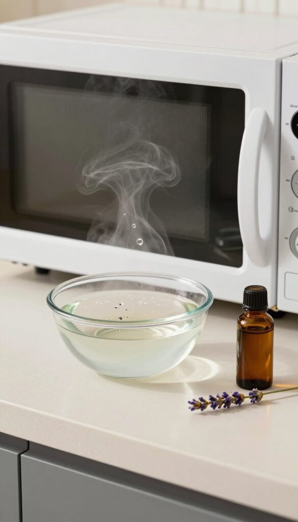 Steam rising from a bowl of water with essential oils inside a clean microwave, with a bottle of tea tree oil and lavender on the counter.