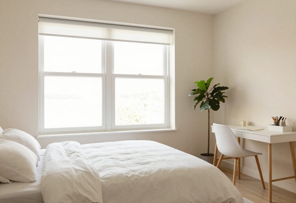 A clean, organized bedroom with sunlight and a tidy desk, evoking a sense of calm and motivation.