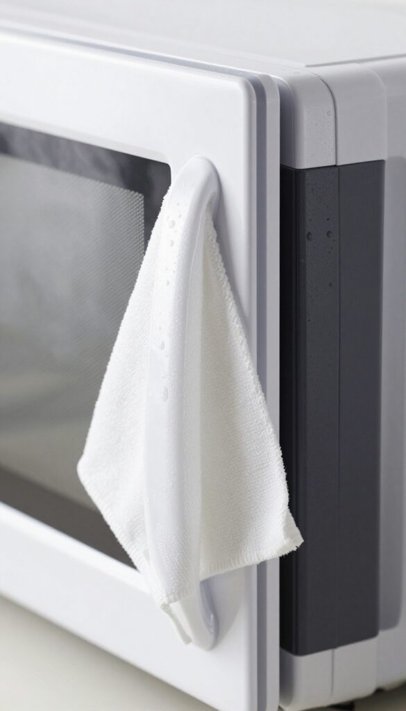 Close-up of a clean microwave door seal being wiped with a soft cloth, highlighting the rubber gasket free of grime.