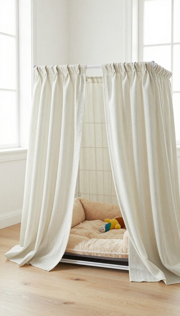 Dog crate with decorative curtain cover in a bright small room