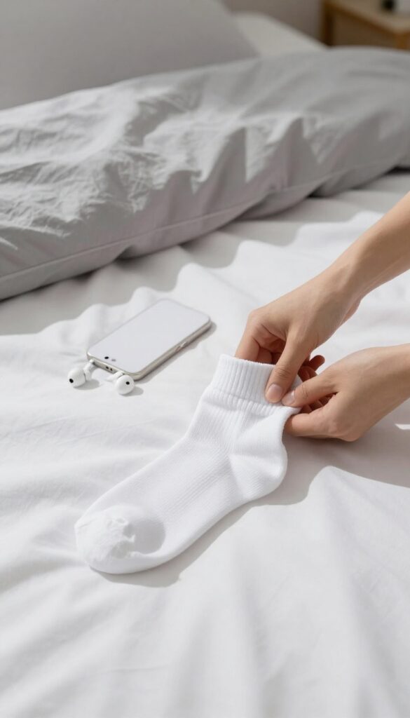 Hands folding a single white sock on a neatly made bed with natural light and earbuds nearby.