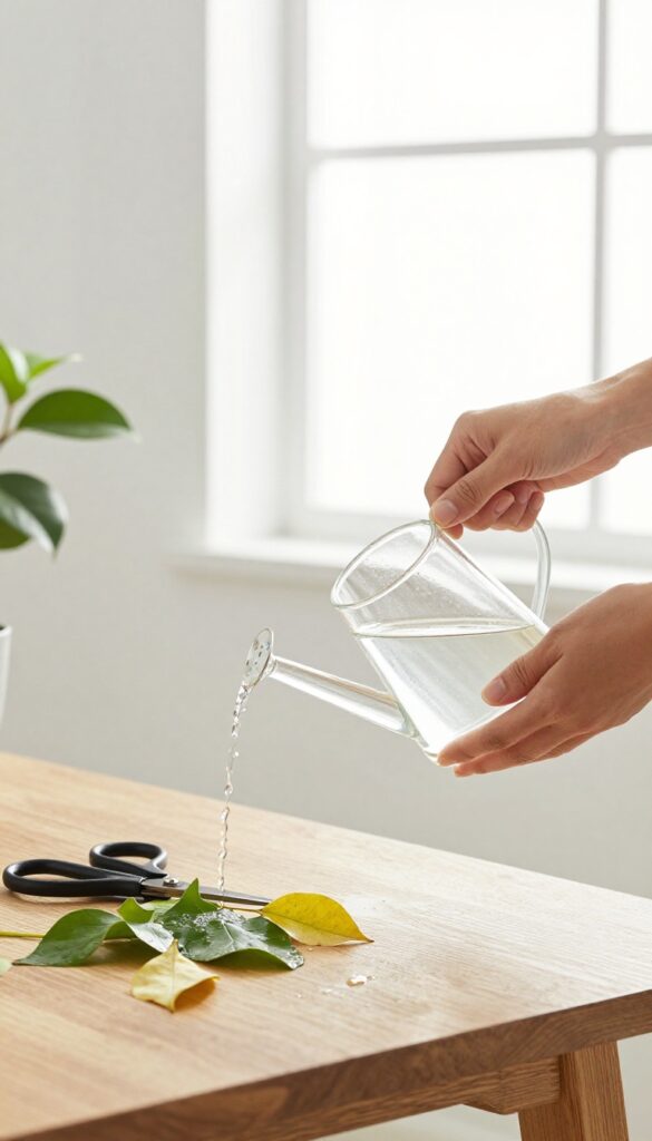 Indoor plant being watered with a watering can, with removed dead leaves and scissors on a wooden table, bright natural light, clean home decor style