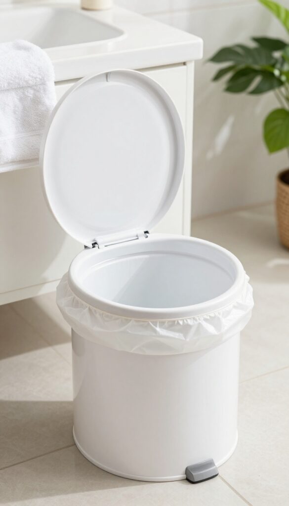A clean white bathroom trash can with a fresh liner, bathed in natural light, on a tiled floor.