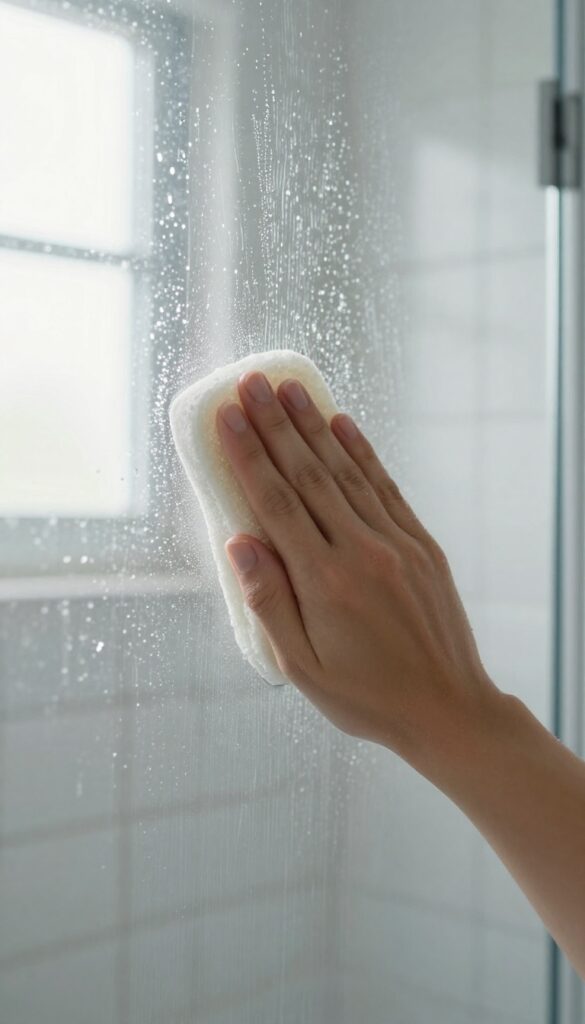 Wet pumice stone on glass shower door removing hard water stains