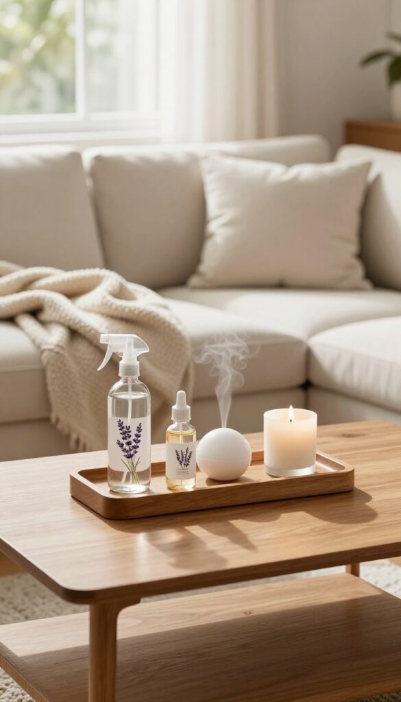 Cozy living room with cleaning caddy, lavender spray, diffuser, and candle in natural light