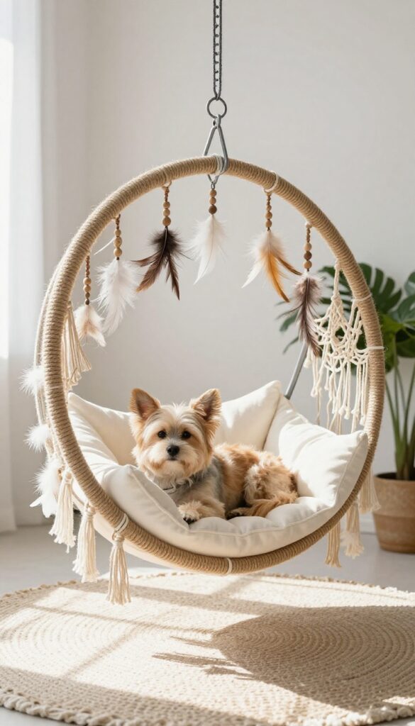 Small dog resting in a suspended hoop dreamcatcher dog bed with feathers and macrame, boho room decor