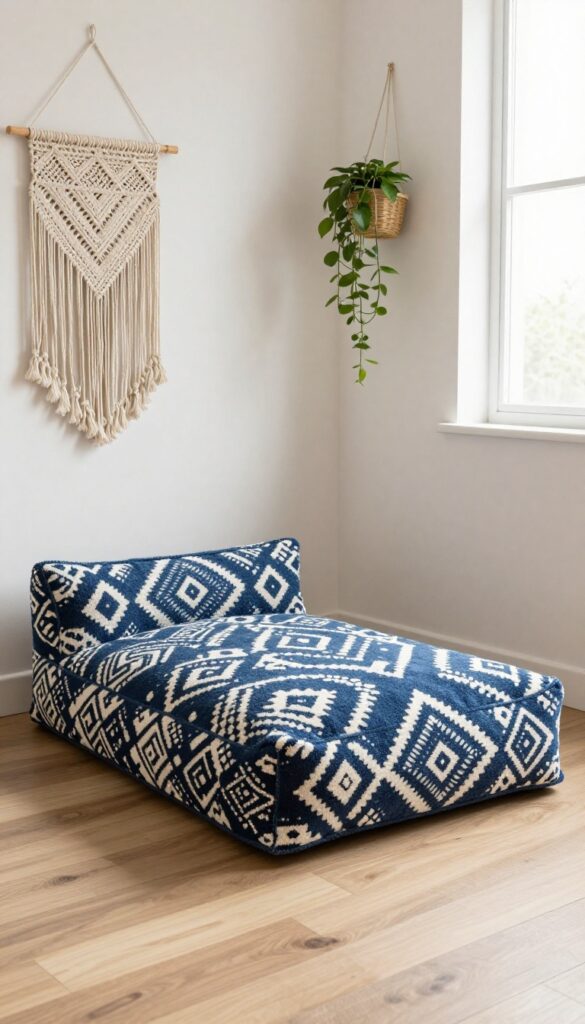 Mudcloth-inspired bolster dog bed in a boho living room with geometric patterns, indigo and white colors, and a dog resting on it.
