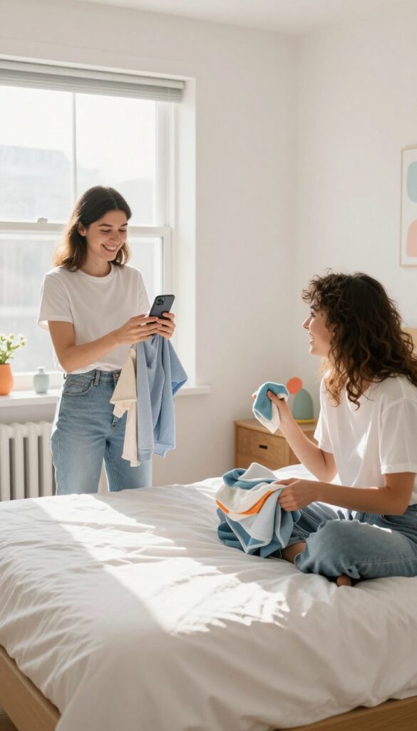 Two friends cleaning their rooms together over a video call, laughing and holding cleaning supplies in a bright, tidy bedroom.