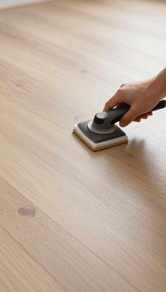Close-up of scratched laminate floor with hazy film and professional buffer tool