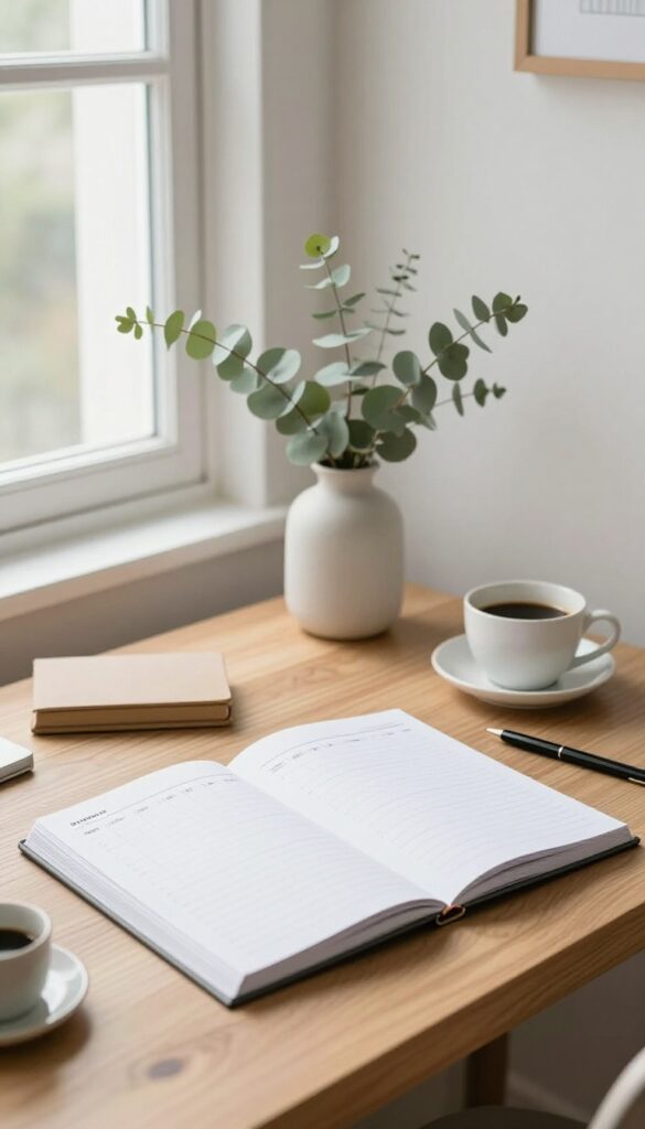 Sunday planning desk setup with weekly planner and coffee