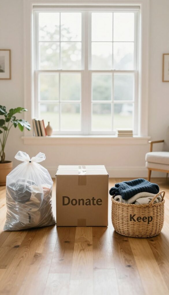Decluttering process with three piles: trash, donate, and keep in a sunlit room