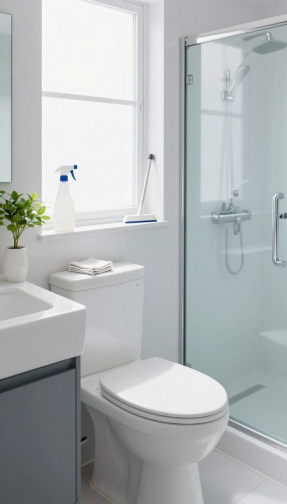 Clean bathroom with natural light, sink, shower, and cleaning tools