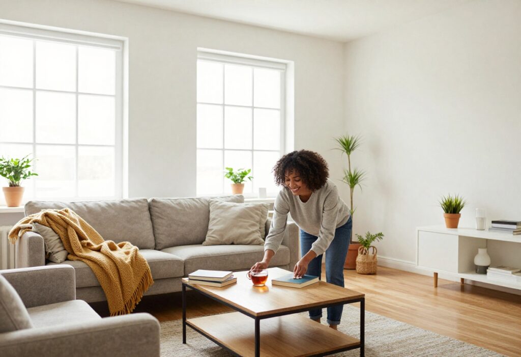 Person tidying a cozy living room with natural light