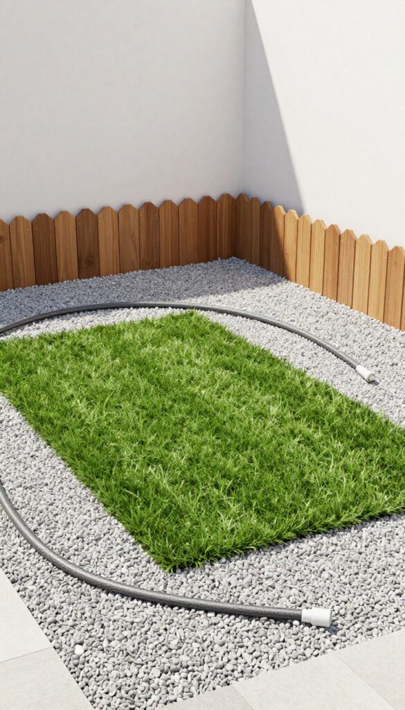 Dog potty zone with artificial turf and pea gravel in a sunny backyard