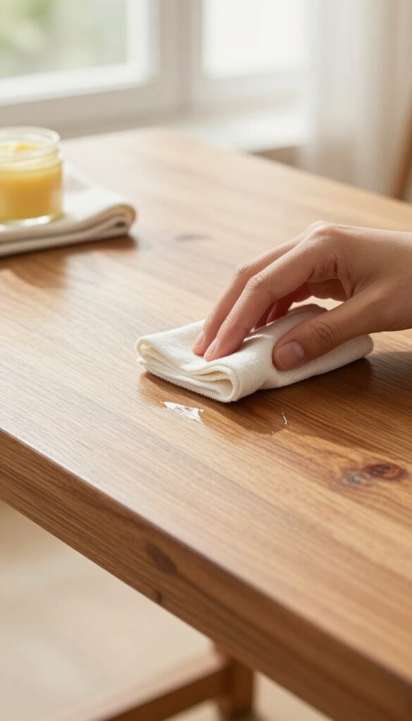 Hand buffing carnauba wax on old wood furniture for a warm glossy shine