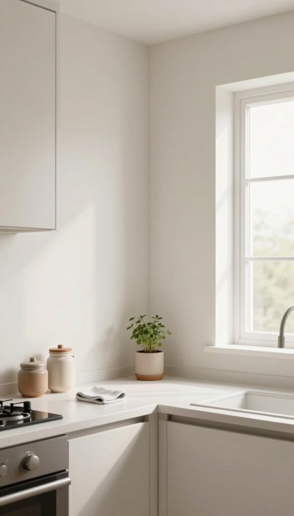 Bright kitchen with washable satin-finish wall being wiped clean, natural light, photorealistic