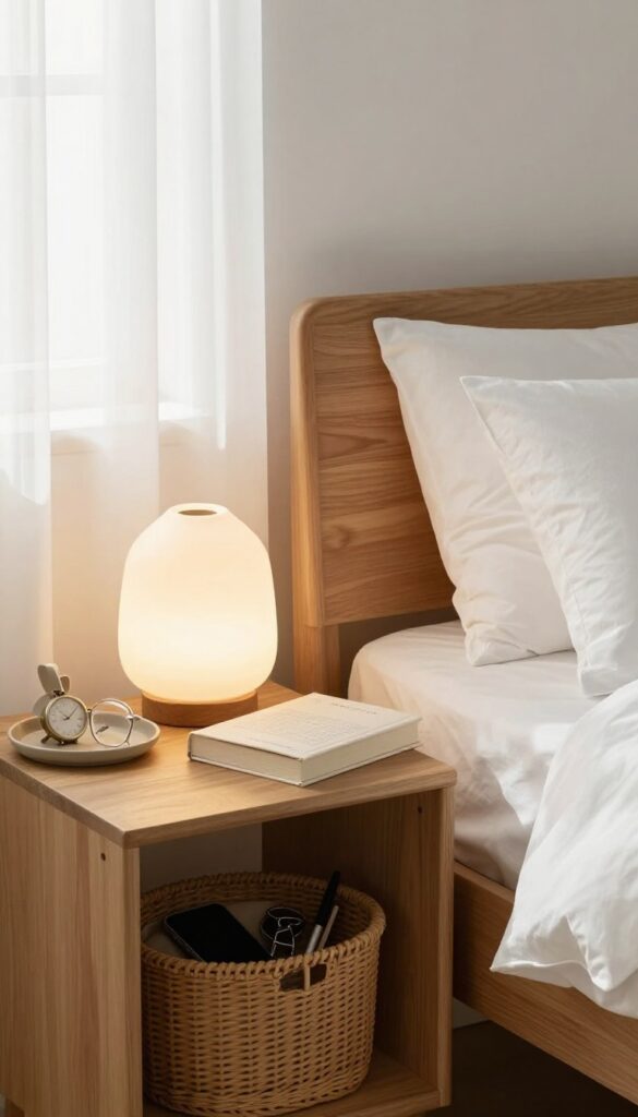 A clean nightstand with lamp, book, and tray, plus a basket for clutter, in a bright bedroom.
