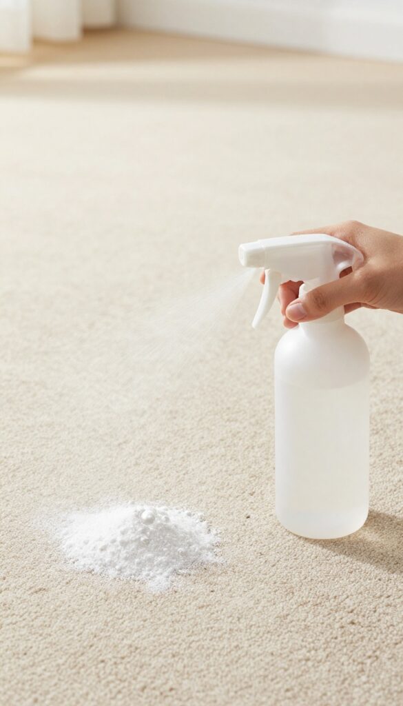 Close-up of baking soda and vinegar fizzing on a beige carpet during cleaning