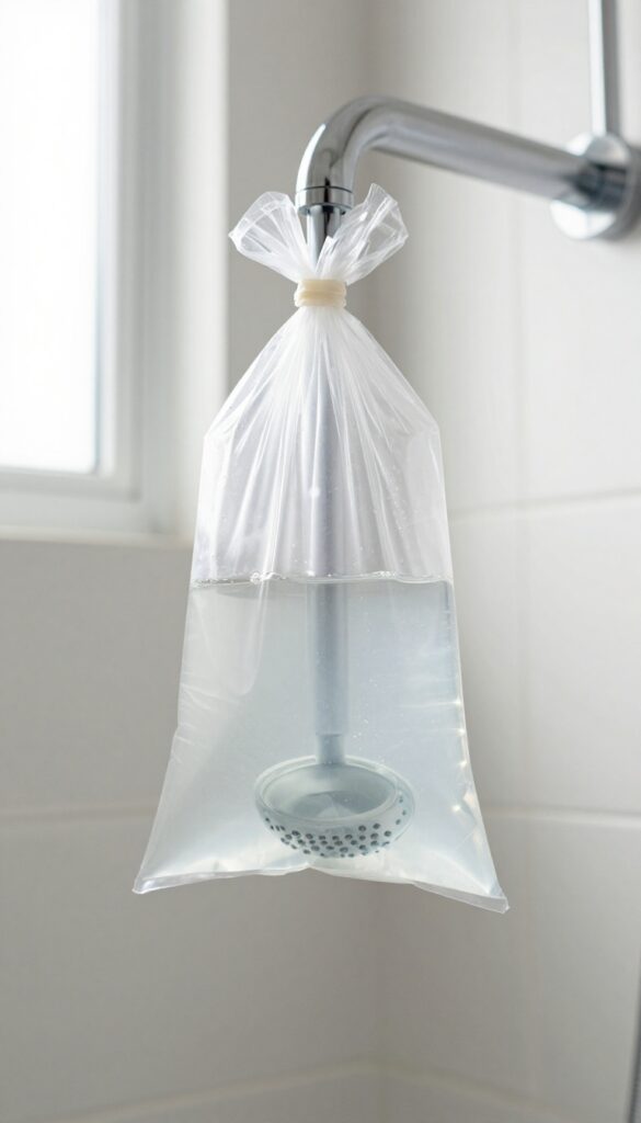 Shower head soaking in a bag of citric acid solution for descaling