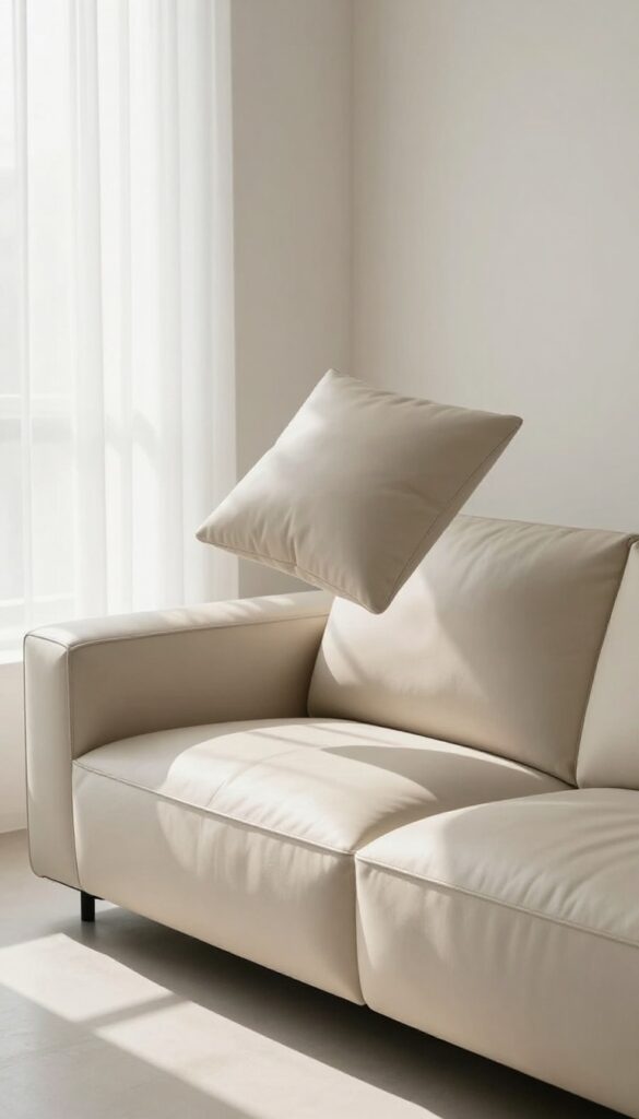 Hands rotating a leather sofa cushion in a bright, clean living room with natural light
